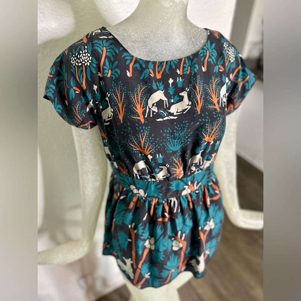 Anna Sui Anthropologie Roe Habitat Peplum Silk Blouse. Black/Green/Orange/Ivory